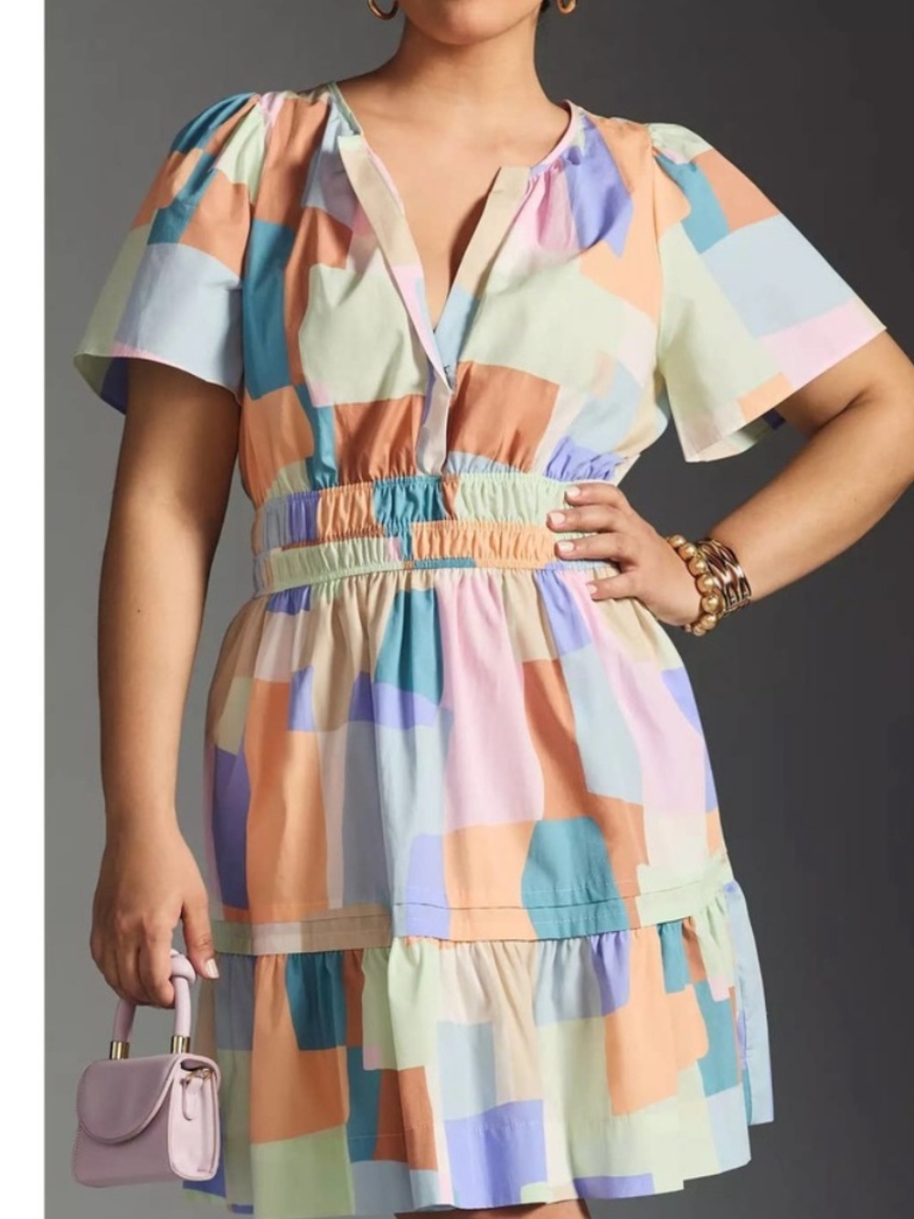 Anthropologie | Somerset Mini Dress | Pastel Patchwork Smocked Waist | Size XL - Picture 5 of 7